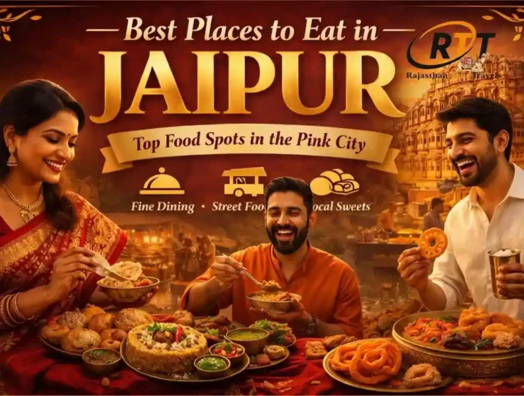 Best places to eat in Jaipur featuring traditional Rajasthani food like dal baati churma and laal maas with city view