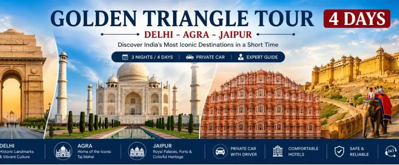 Golden Triangle Tour 4 Days banner featuring India Gate Taj Mahal Hawa Mahal and Amber Fort