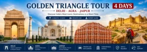 Golden Triangle Tour 4 Days banner featuring India Gate Taj Mahal Hawa Mahal and Amber Fort