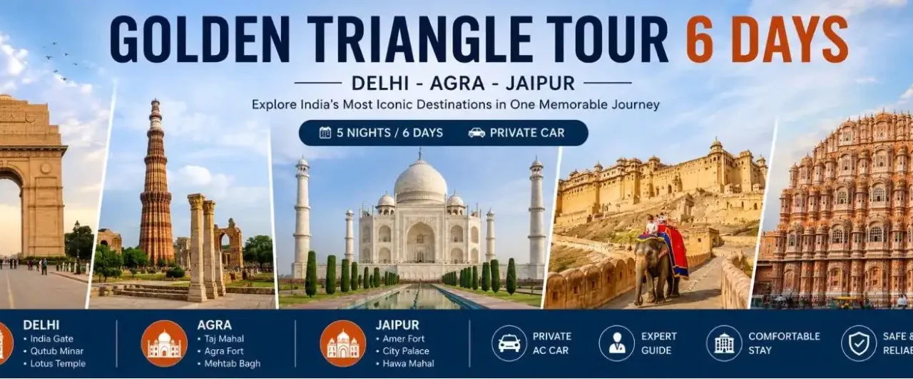 Golden Triangle Tour 6 Days covering Delhi Agra Jaipur Taj Mahal Amer Fort and Hawa Mahal