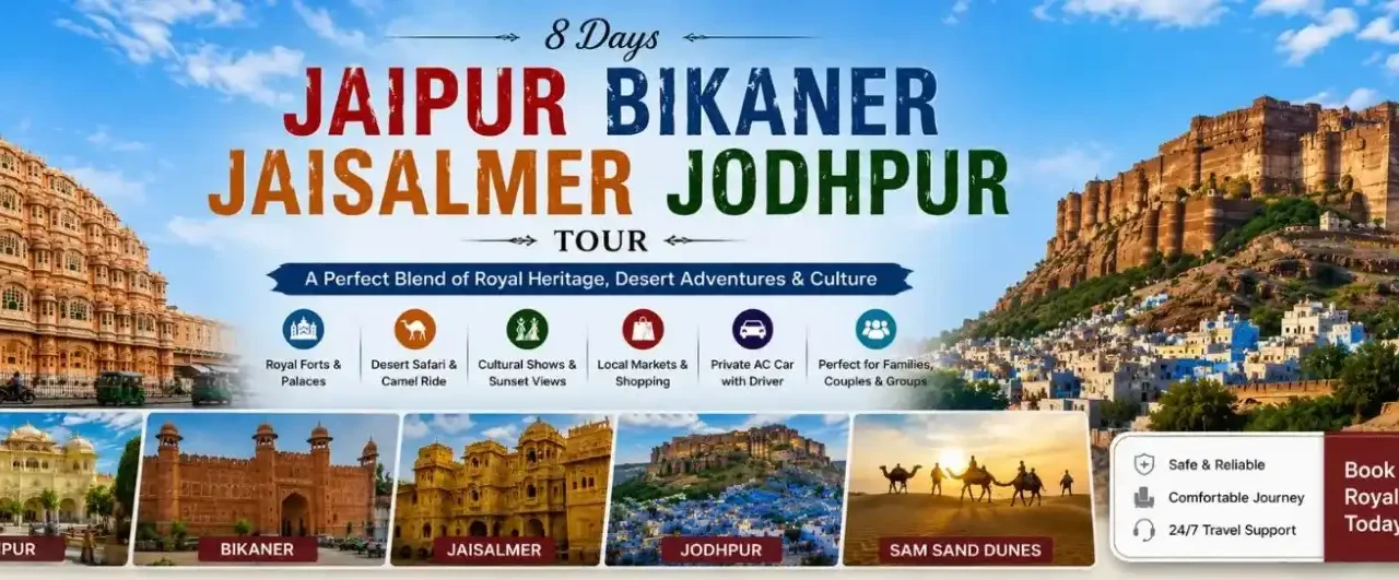 8 days Jaipur Bikaner Jaisalmer Jodhpur tour package banner with Rajasthan forts, desert safari, camel ride, and sightseeing