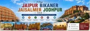 8 days Jaipur Bikaner Jaisalmer Jodhpur tour package banner with Rajasthan forts, desert safari, camel ride, and sightseeing