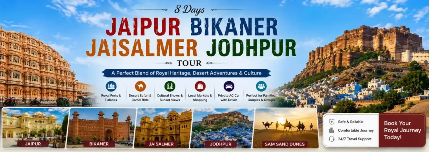 8 days Jaipur Bikaner Jaisalmer Jodhpur tour package banner with Rajasthan forts, desert safari, camel ride, and sightseeing
