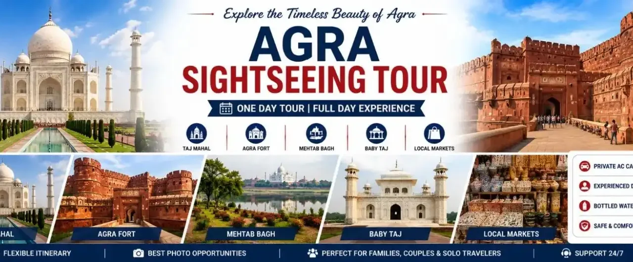 Agra Sightseeing Tour banner featuring Taj Mahal, Agra Fort, Mehtab Bagh, and Baby Taj