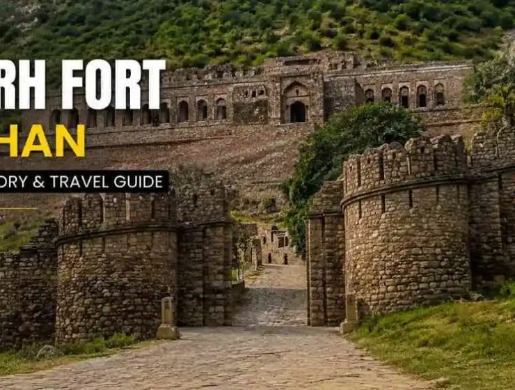 Bhangarh Fort Rajasthan with ancient ruins and ASI warning board, famous for its haunted story and historical significance.