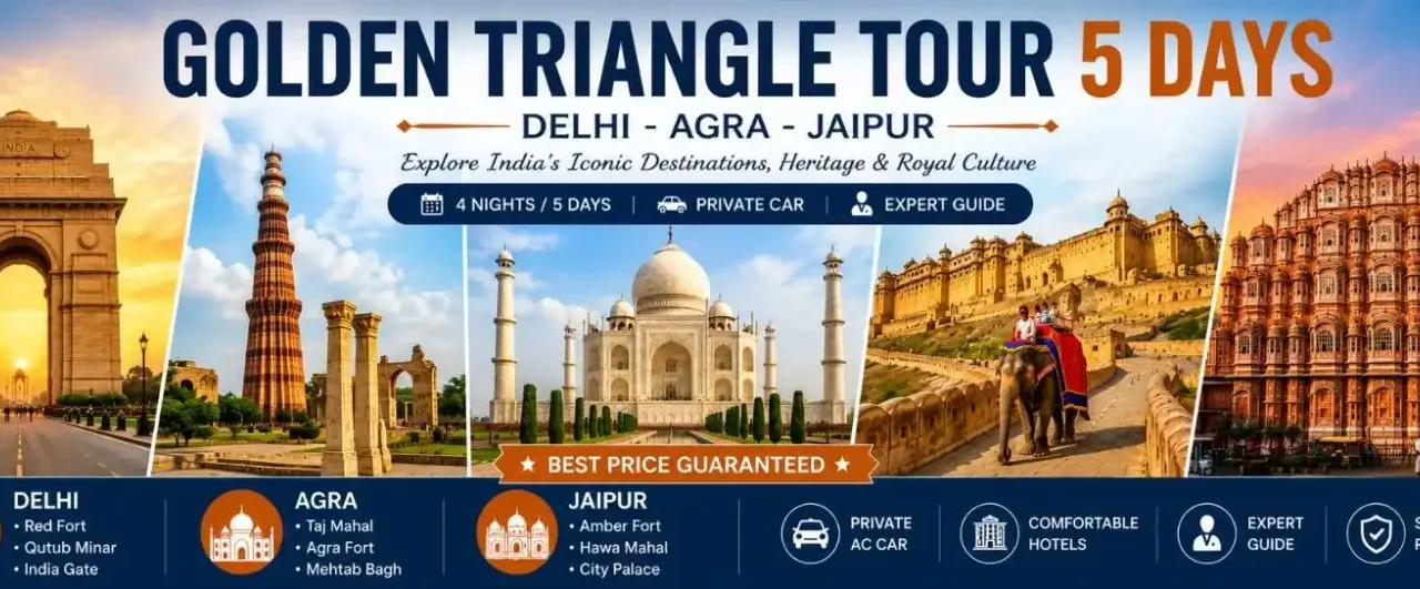 Golden Triangle Tour 5 Days banner featuring India Gate Taj Mahal Amber Fort and Hawa Mahal
