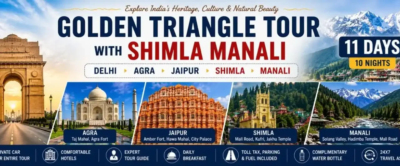 Golden Triangle Tour with Shimla Manali banner featuring India Gate Taj Mahal Jaipur Shimla and Manali mountains