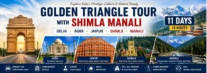 Golden Triangle Tour with Shimla Manali banner featuring India Gate Taj Mahal Jaipur Shimla and Manali mountains