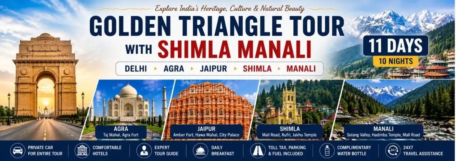 Golden Triangle Tour with Shimla Manali banner featuring India Gate Taj Mahal Jaipur Shimla and Manali mountains