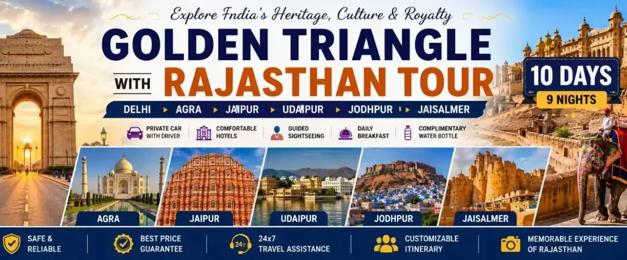Golden Triangle with Rajasthan Tour banner featuring Delhi Agra Jaipur Udaipur Jodhpur and Jaisalmer attractions