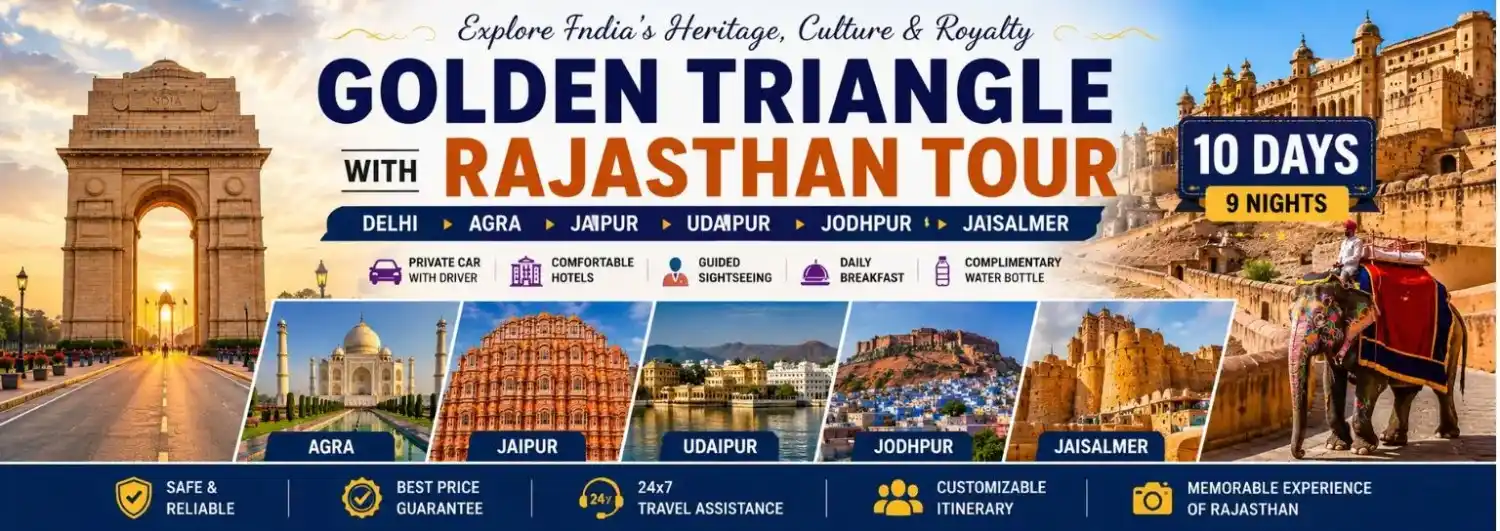 Golden Triangle with Rajasthan Tour banner featuring Delhi Agra Jaipur Udaipur Jodhpur and Jaisalmer attractions