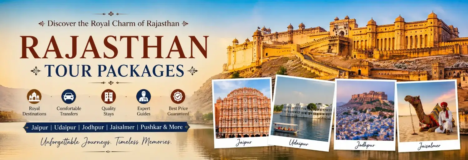 Rajasthan Tour Packages banner showcasing Jaipur, Udaipur, Jodhpur, and Jaisalmer tourist destinations with royal forts and desert safari