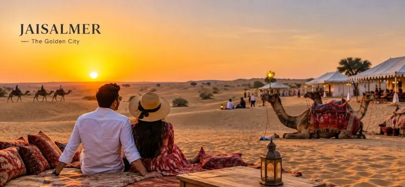 ouple enjoying desert safari at Sam Sand Dunes in Jaisalmer