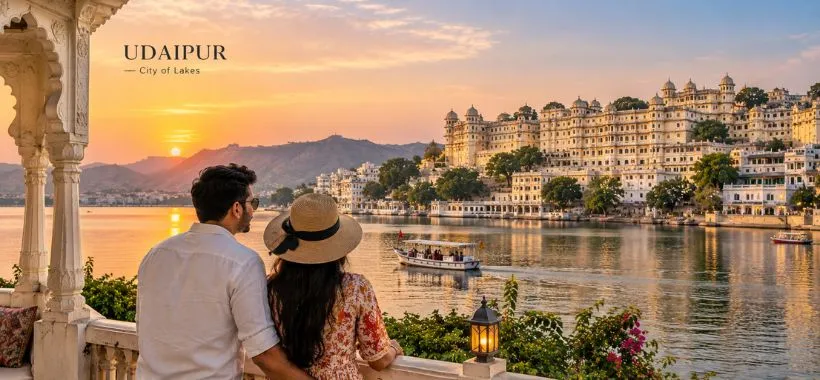 Couple enjoying Lake Pichola and City Palace in Udaipur