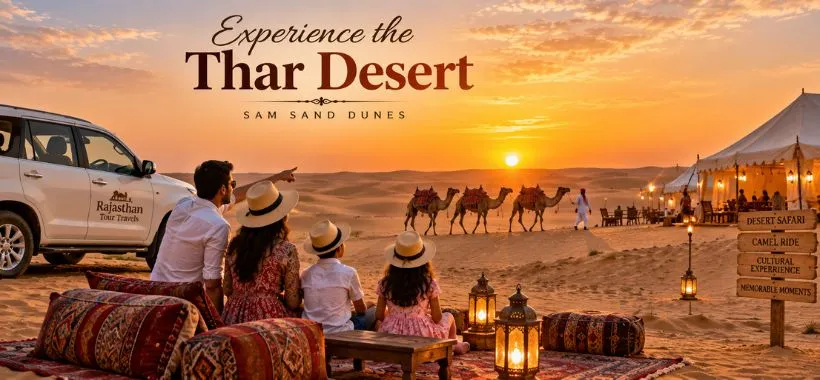 Experience the Thar Desert at Sam Sand Dunes with camel safari at sunset