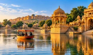 Boating at Gadisar Lake Jaisalmer with sandstone pavilions