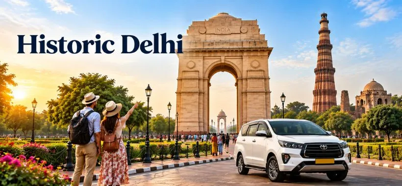 Historic Delhi with India Gate and Qutub Minar