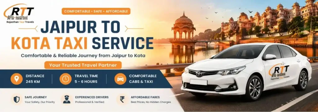 Jaipur to Kota taxi service banner with cab and Kota city travel Rajasthan