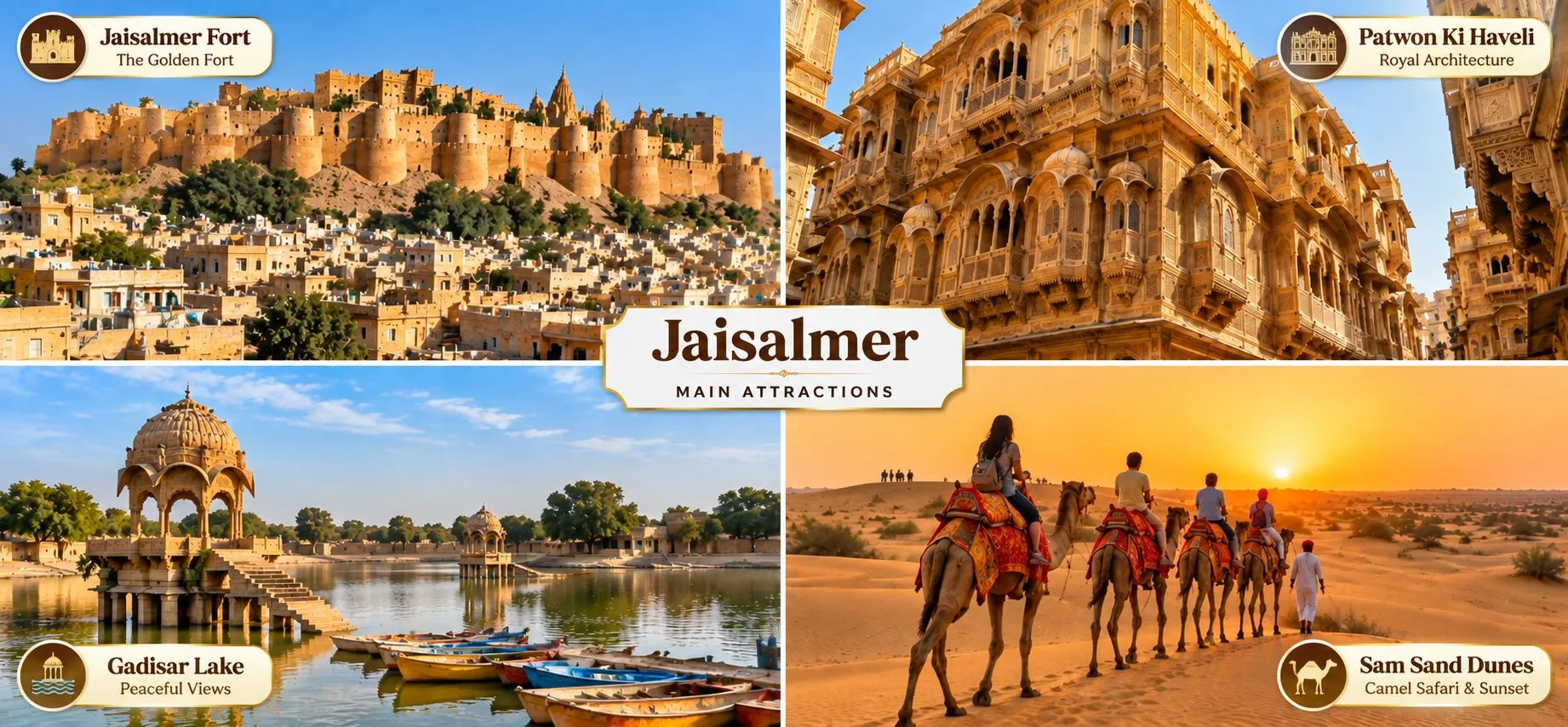 Jaisalmer main attractions featuring Jaisalmer Fort, Patwon Ki Haveli, Gadisar Lake and camel safari
