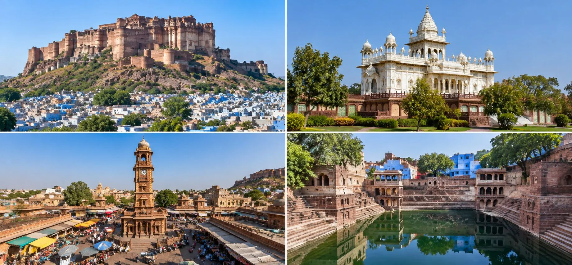 Jodhpur main attractions featuring Mehrangarh Fort, Jaswant Thada, Clock Tower and Toorji Ka Jhalra
