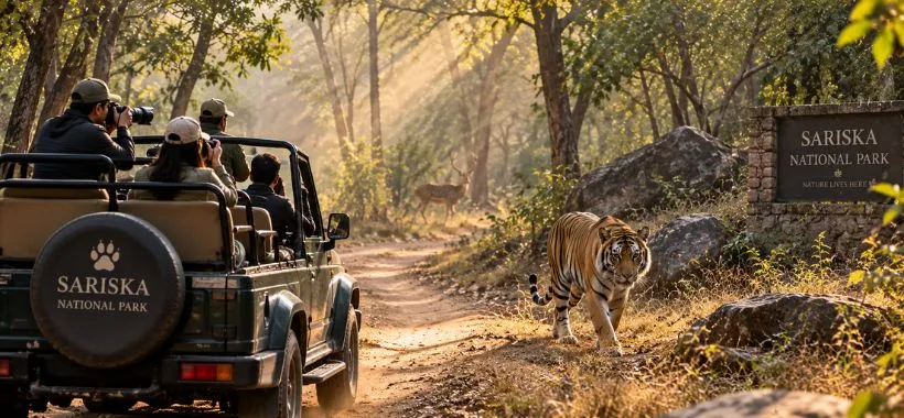 Sariska National Park jungle safari with tiger and tourists