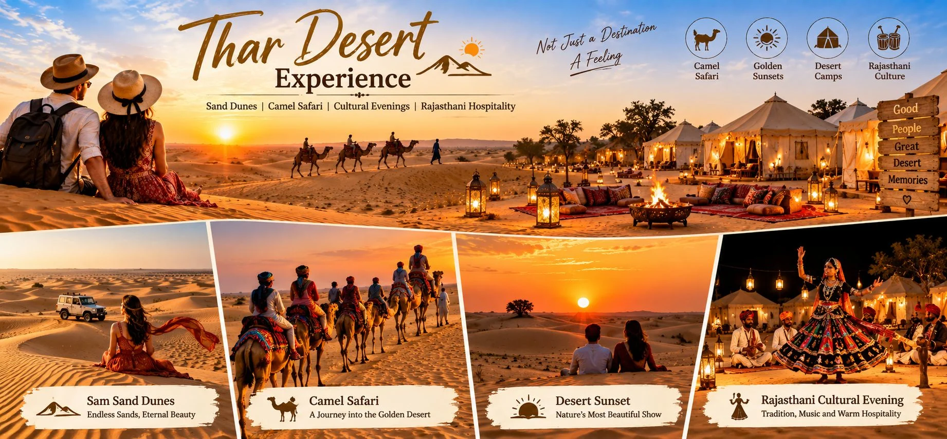 Sam Sand Dunes camel safari desert sunset and Rajasthani cultural evening