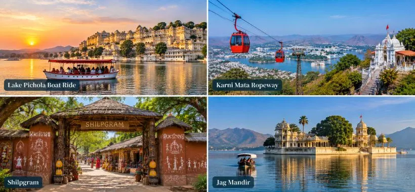 Lake Pichola boat ride, Karni Mata Ropeway, Shilpgram and Jag Mandir in Udaipur