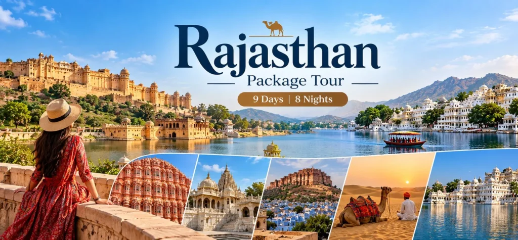 9 day Rajasthan package tour featuring Jaipur forts, Udaipur lakes, Jodhpur heritage and Jaisalmer desert safari