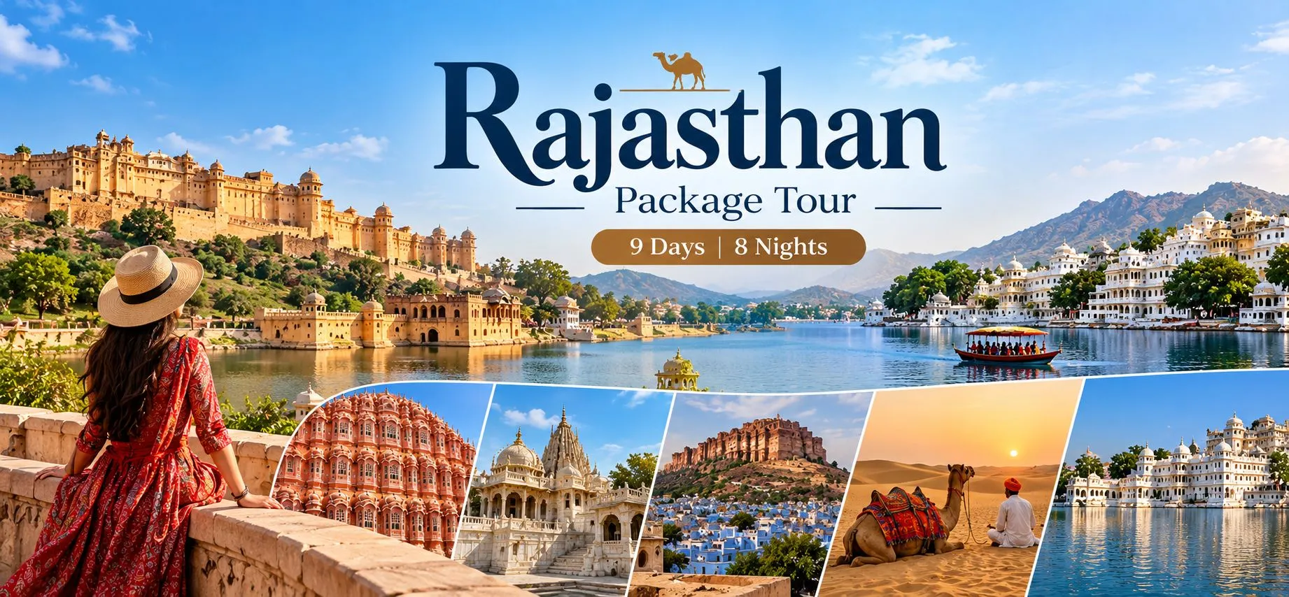 9 day Rajasthan package tour featuring Jaipur forts, Udaipur lakes, Jodhpur heritage and Jaisalmer desert safari