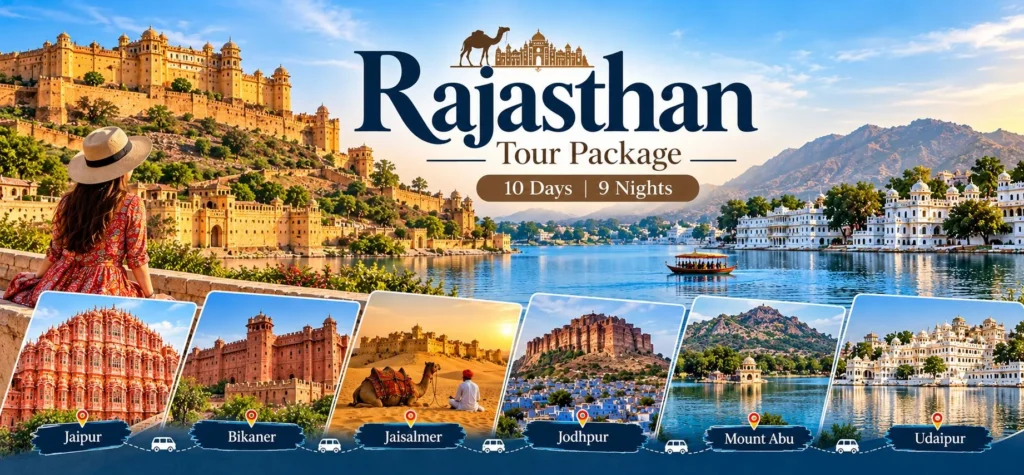 Rajasthan tour package 10 days covering Jaipur, Bikaner, Jaisalmer, Jodhpur, Mount Abu and Udaipur