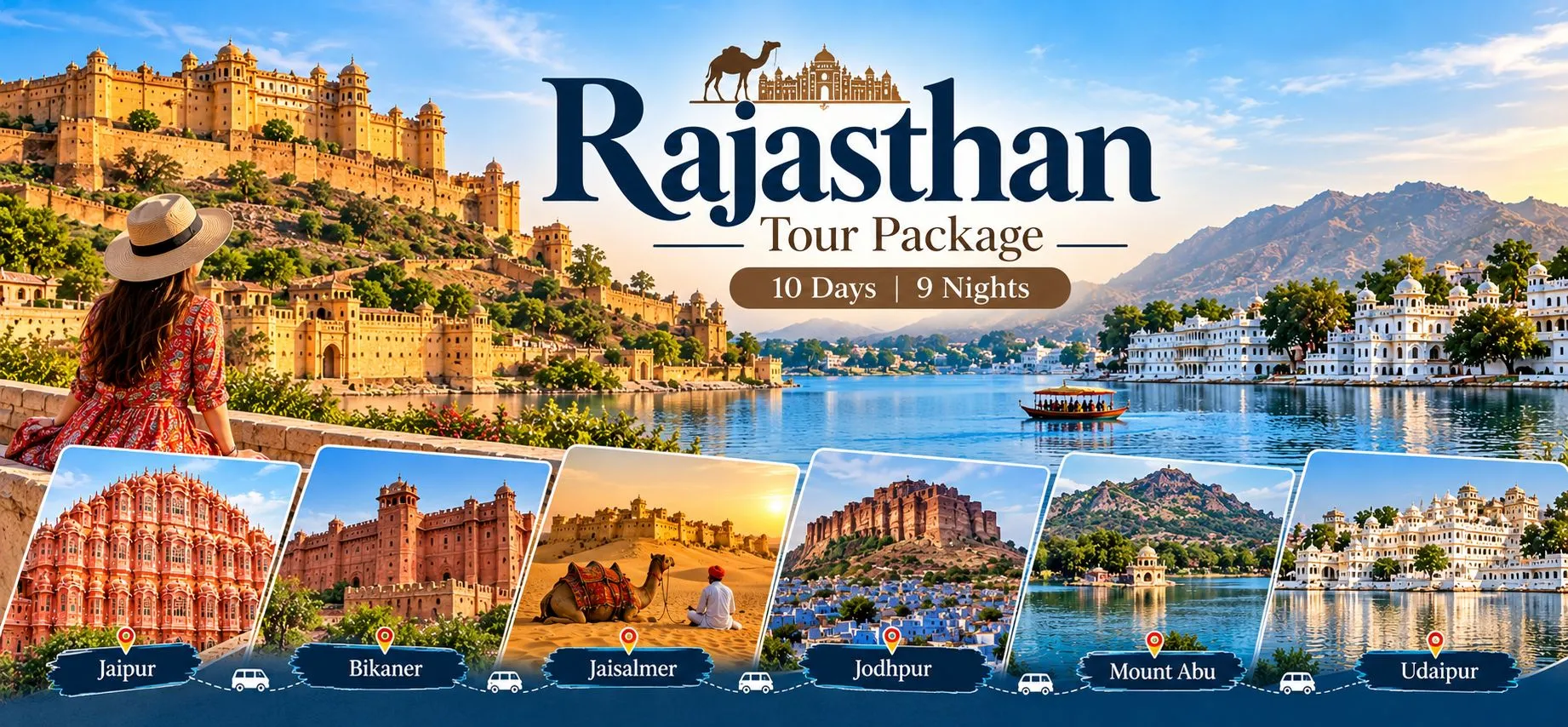 Rajasthan tour package 10 days covering Jaipur, Bikaner, Jaisalmer, Jodhpur, Mount Abu and Udaipur