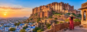 Mehrangarh Fort Jodhpur overlooking the Blue City at sunset