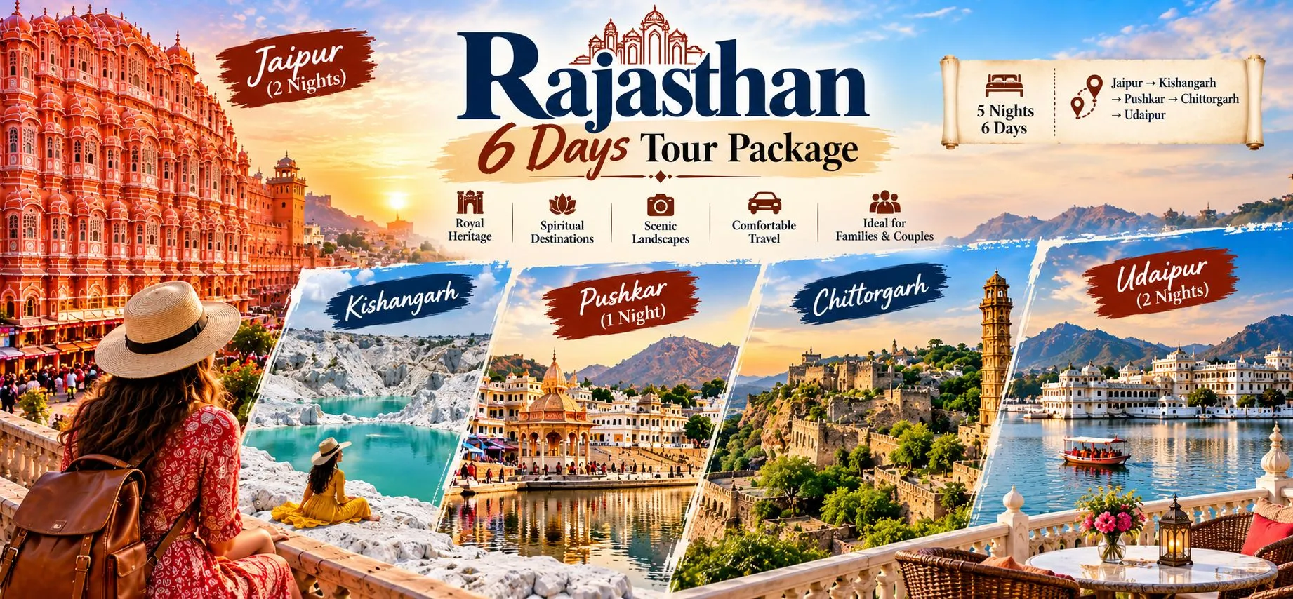 Rajasthan 6 Days Tour Package covering Jaipur, Kishangarh, Pushkar, Chittorgarh and Udaipur
