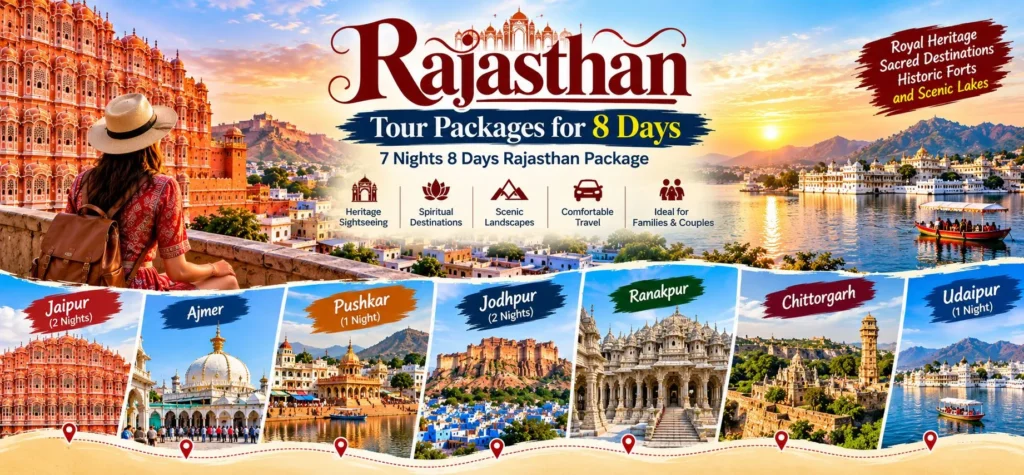 Rajasthan tour packages for 8 days covering Jaipur, Ajmer, Pushkar, Jodhpur, Ranakpur, Chittorgarh and Udaipur